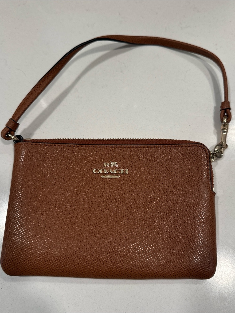 Coach Saddle Brown Leather Corner Zip Wristlet Clutch Wallet Classic Chic